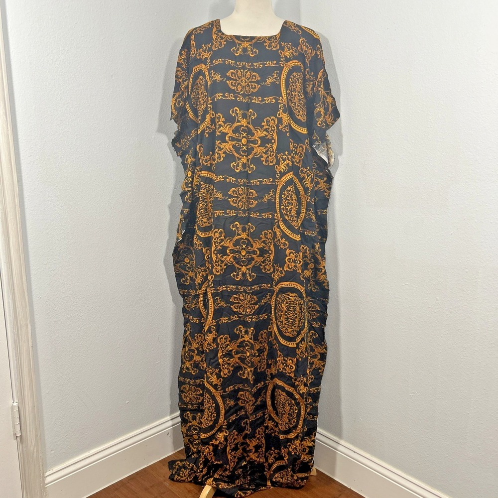 Handmade Kaftan Maxi Dress Women OS Black Gold Floral Rayon Caftan Kimono Beachy